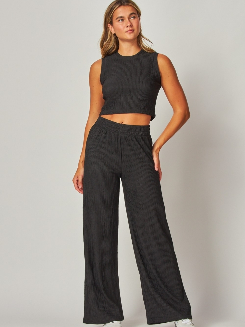 Women's Black Ribbed Wide-Leg Pantsuit Set